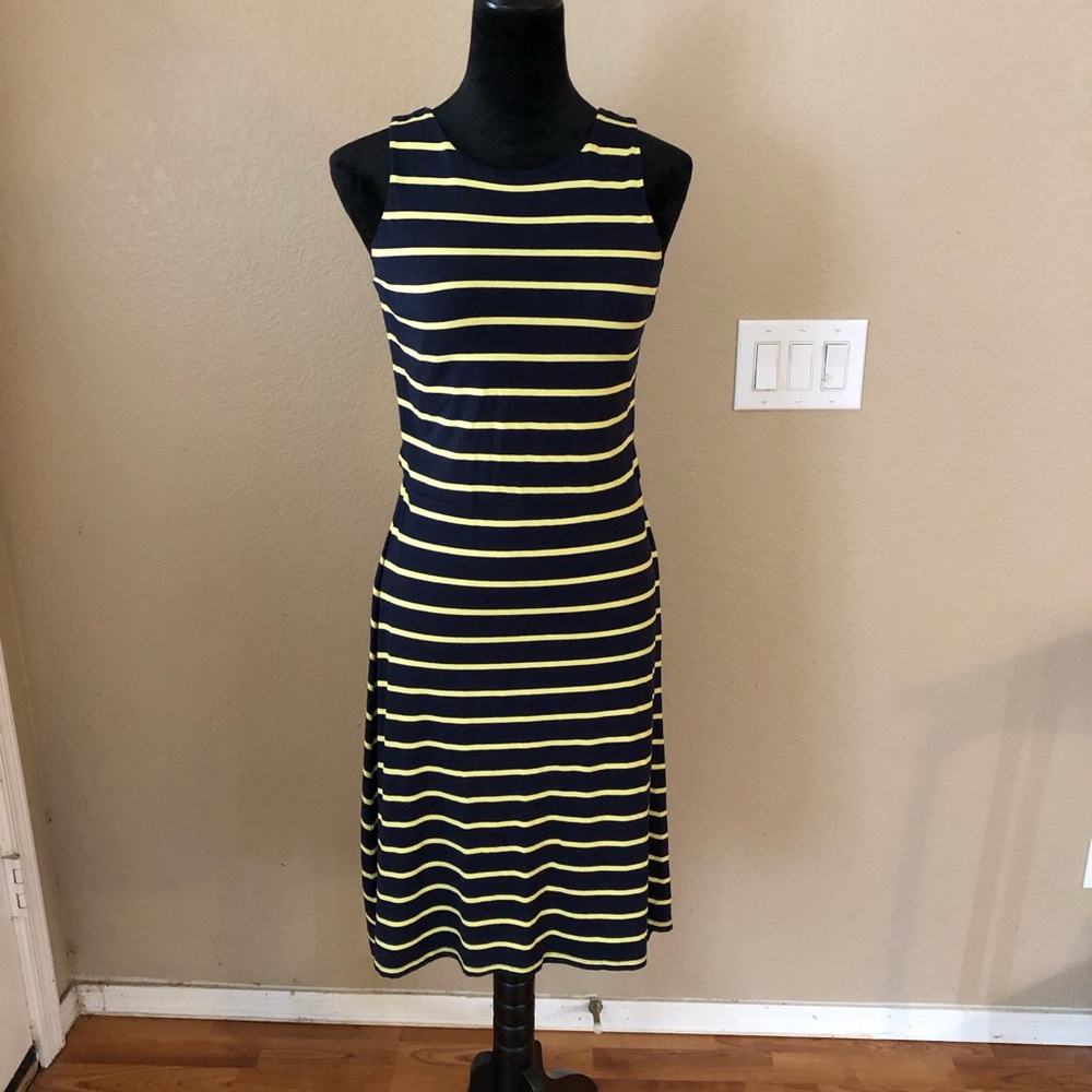 Striped Navy and Yellow Sleeveless Midi Dress